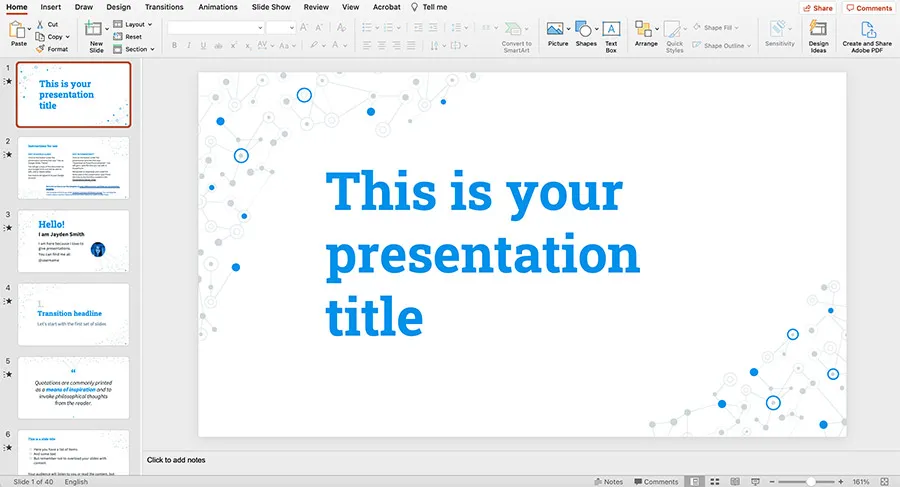 Mẫu PowerPoint với chủ đề kết nối, sử dụng các đường nét và hình ảnh trừu tượng thể hiện sự liên kết, phù hợp cho các bài thuyết trình về mạng lưới, công nghệ thông tin hoặc quan hệ.