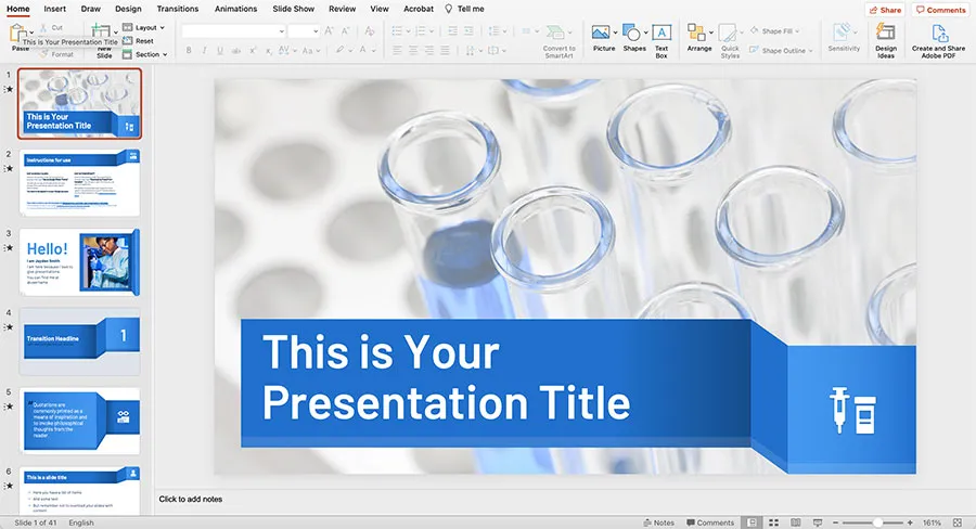 Mẫu PowerPoint với chủ đề y tế, sử dụng tông màu xanh làm chủ đạo, cùng các đường kẻ và biểu tượng khoa học, tạo sự chuyên nghiệp, tin cậy cho các bài thuyết trình y học.