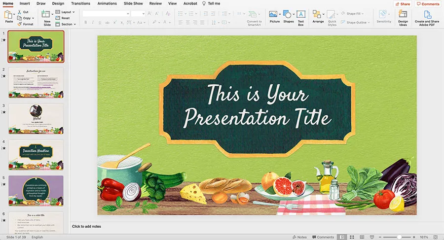 Mẫu PowerPoint với chủ đề đồ ăn, sử dụng hình ảnh thực tế chất lượng cao, tạo sự hấp dẫn và chân thực cho các bài thuyết trình về ẩm thực, nhà hàng.