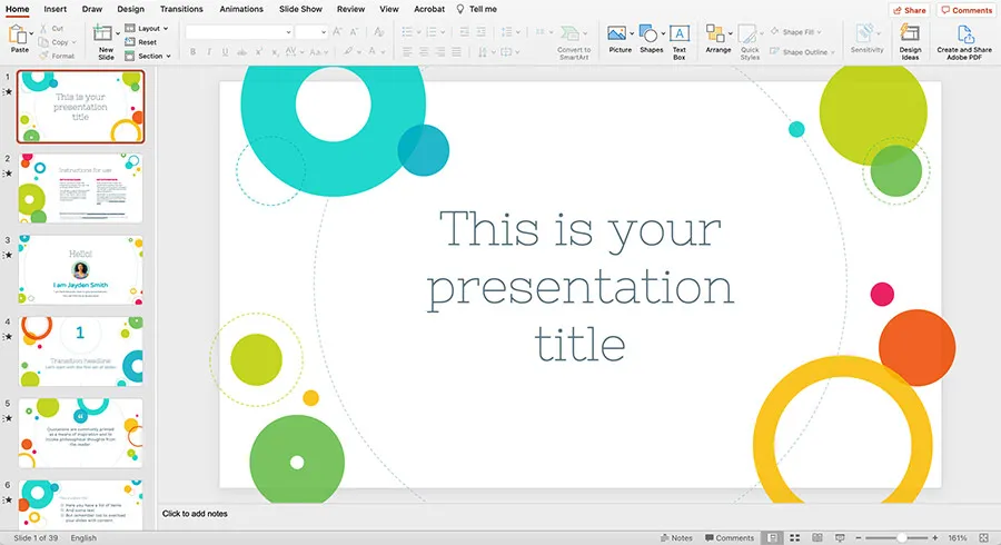 Mẫu PowerPoint với các hình tròn đa dạng, đầy màu sắc, tạo cảm giác vui tươi, năng động, thích hợp cho các bài thuyết trình sáng tạo, giáo dục hoặc trẻ em.