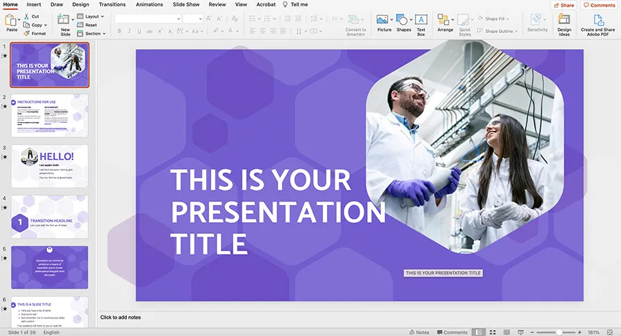 Mẫu PowerPoint chủ đề y tế với tông màu tím chủ đạo, sử dụng các hình khối lục giác, tạo cảm giác hiện đại và chuyên nghiệp cho các bài thuyết trình về sức khỏe, y học.