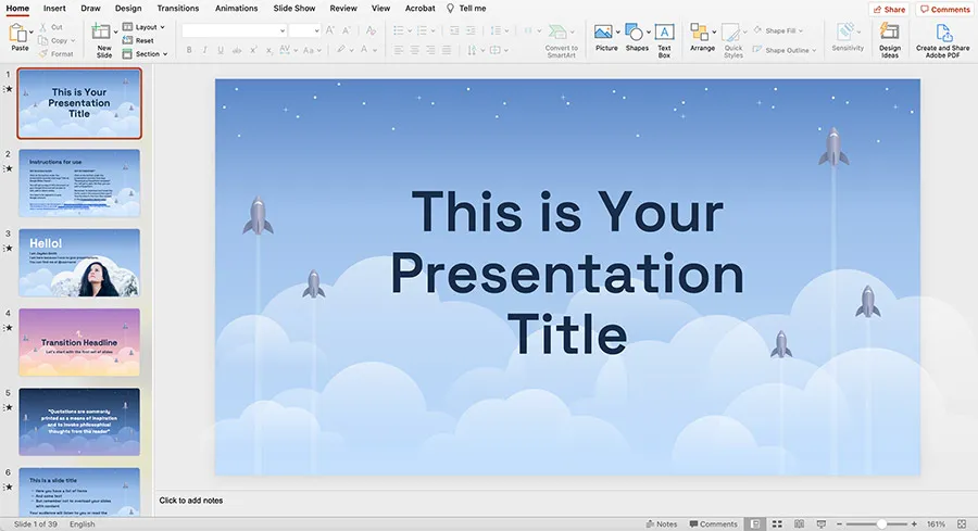 Mẫu PowerPoint với hình ảnh tên lửa làm chủ đạo, biểu trưng cho sự khởi đầu, tăng trưởng và đột phá, phù hợp cho các bài thuyết trình về startup, đổi mới.