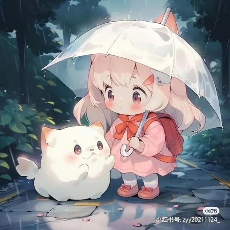 Chibi cô gái anime cute với mái tóc xanh và nụ cười rạng rỡ
