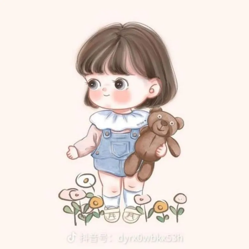 Ảnh cô gái chibi cute với mái tóc ngắn và nơ đỏ