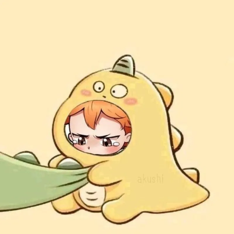 Chibi cô gái cute ngồi cạnh khủng long xanh dễ thương