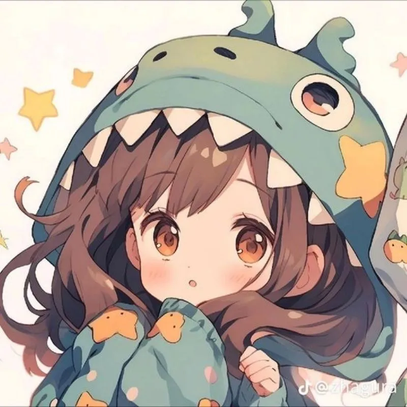 Ảnh cô gái chibi cute bên cạnh khủng long màu hồng