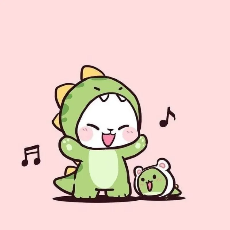 Hình ảnh cô gái chibi cute ngồi cạnh khủng long nhỏ