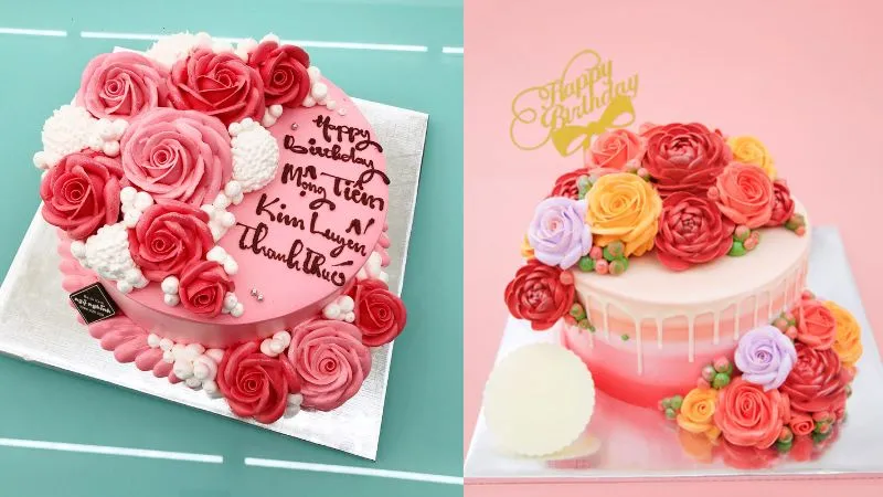 Bánh kem sinh nhật hoa hồng màu pastel dịu nhẹ