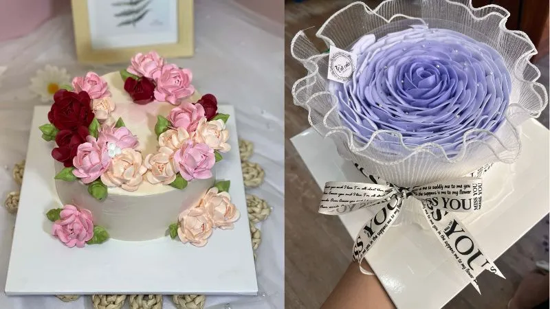 Bánh kem hoa hồng đỏ rực rỡ và sang trọng