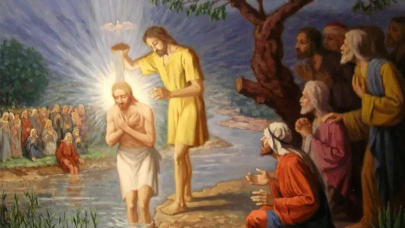 Chúa Giêsu đứng dưới nước nhận phép rửa, thể hiện sự khiêm nhường và vâng phục ý Chúa Cha