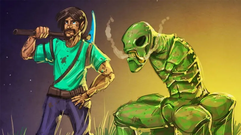 Hình ảnh fanart Minecraft cảnh chiến đấu giữa Steve và quái vật
