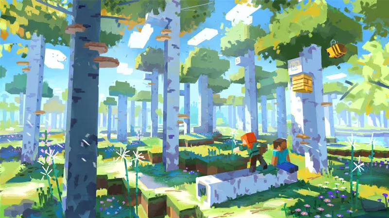 Tác phẩm fanart Minecraft phong cảnh rừng rậm với ánh sáng mặt trời