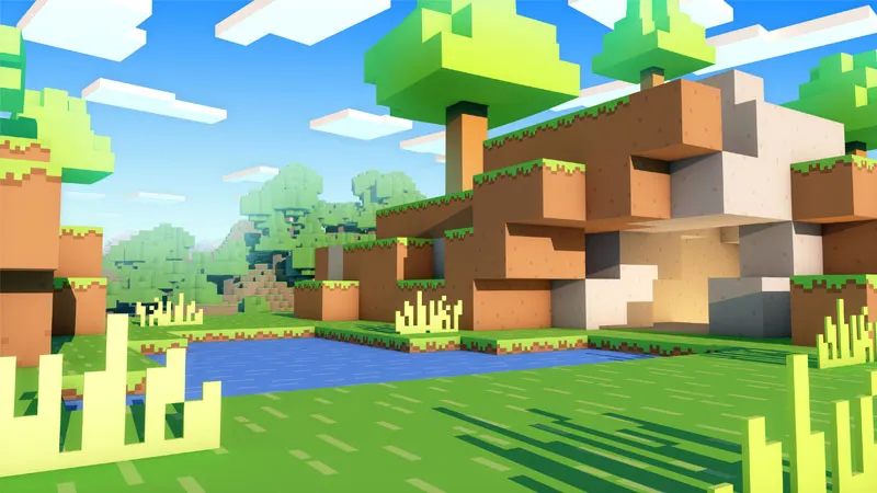 Cảnh quan Minecraft bình minh rực rỡ với rừng cây và núi non