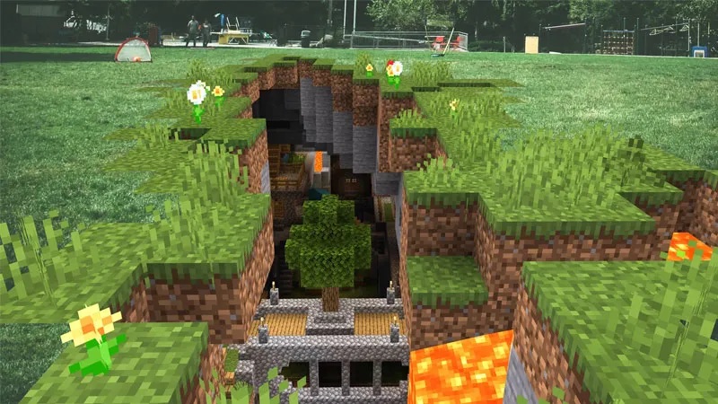 Ngôi làng Minecraft yên bình trong ánh hoàng hôn, đèn lồng sáng rực