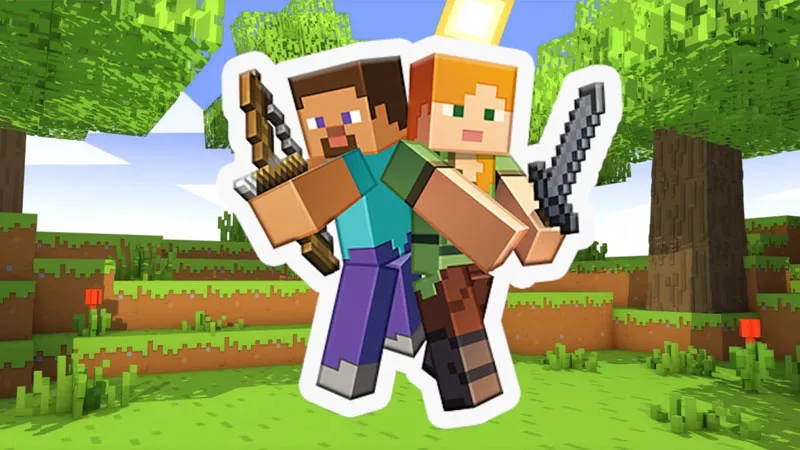 Steve và Alex đang khám phá thế giới Minecraft rộng lớn