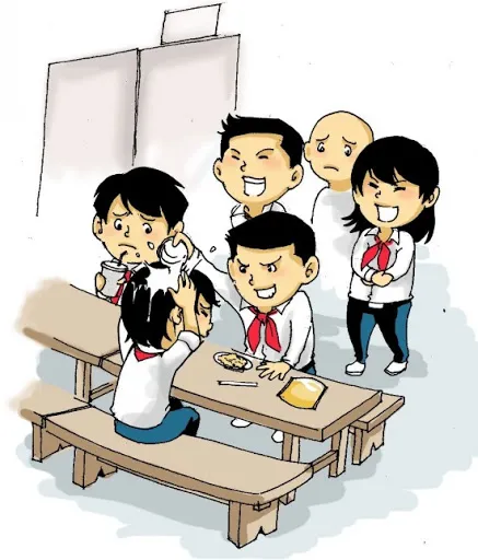 Hình ảnh minh họa: Một nhóm học sinh vây quanh bạn học khác, biểu hiện của bạo lực học đường