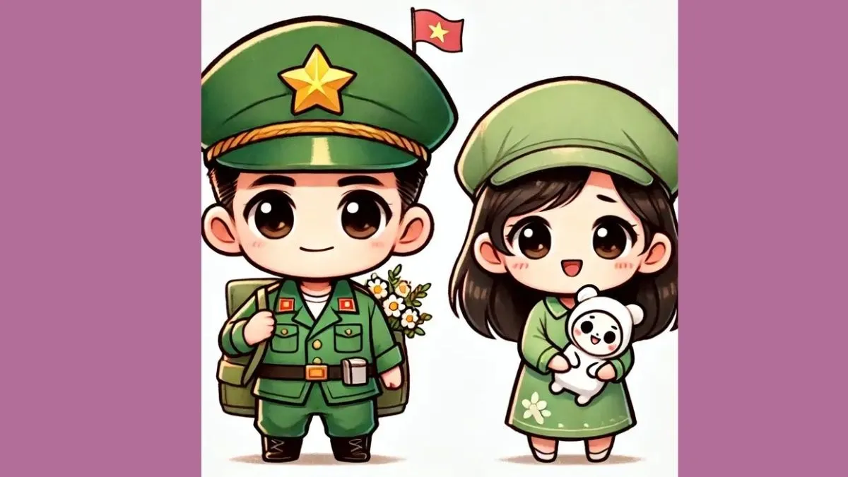 Hình vẽ chibi quân nhân và người thân trong khung cảnh làng quê
