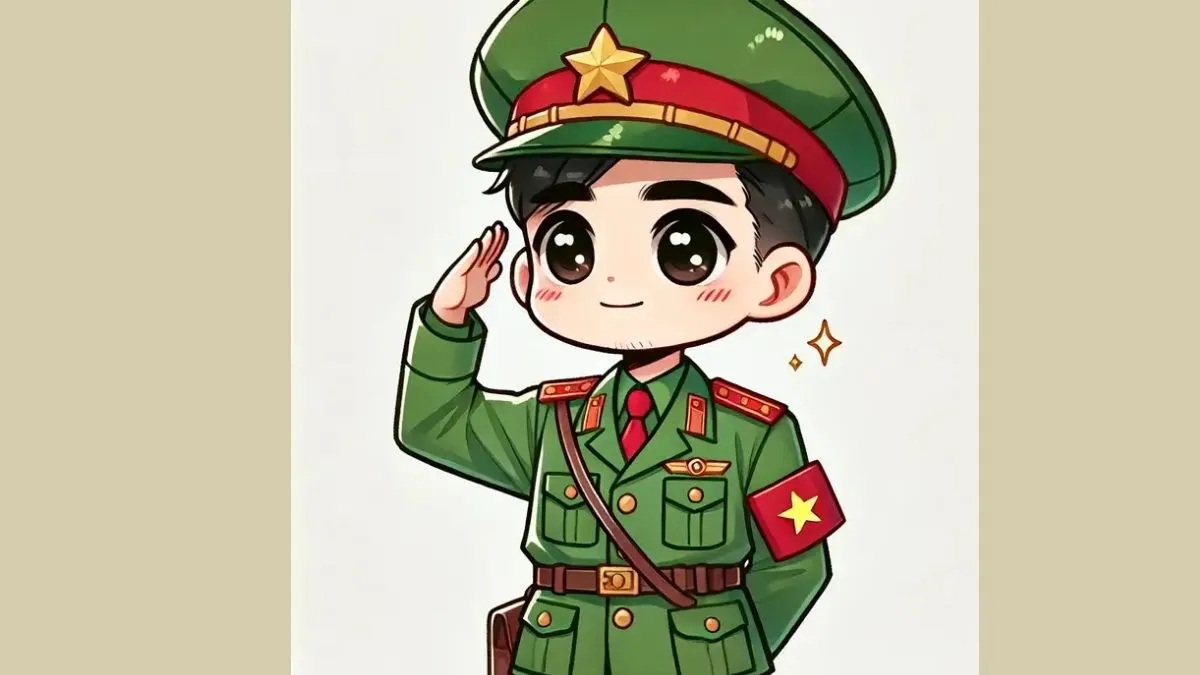 Tranh chibi chú bộ đội biên phòng trên đường hành quân