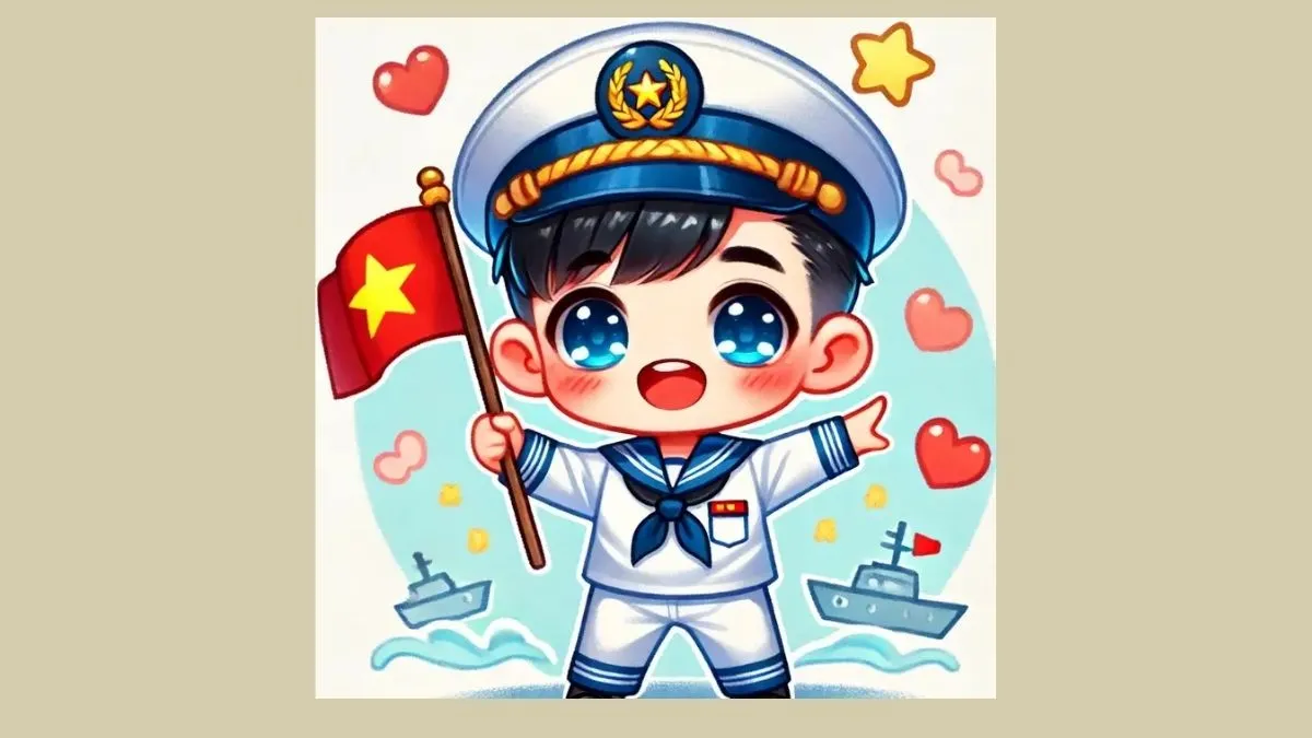 Chibi chú bộ đội hải quân đứng gác trên biển