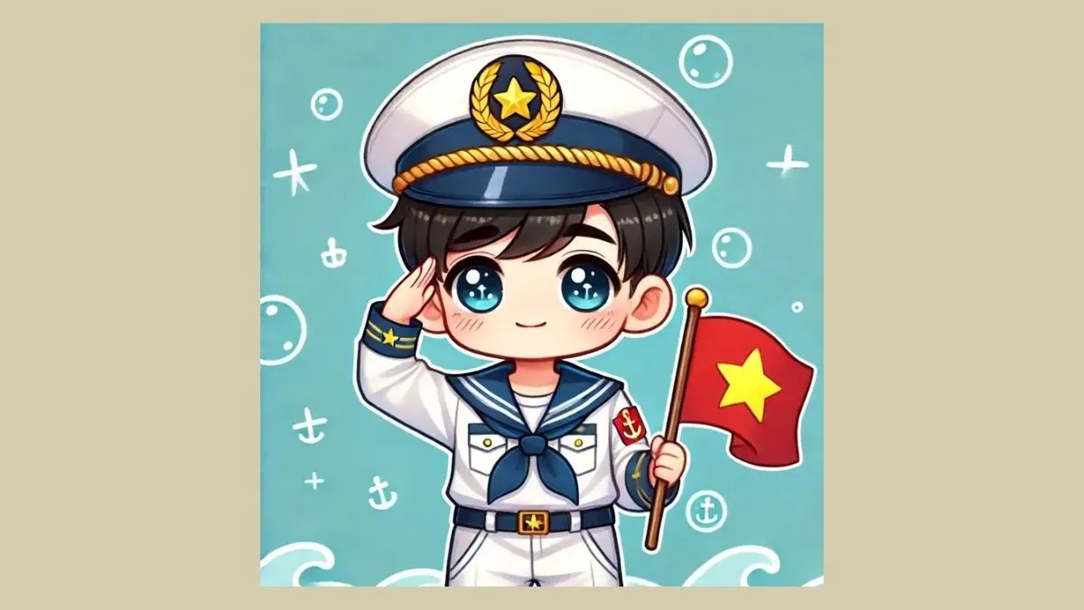 Hình ảnh chibi người lính hải quân chào cờ trên đảo