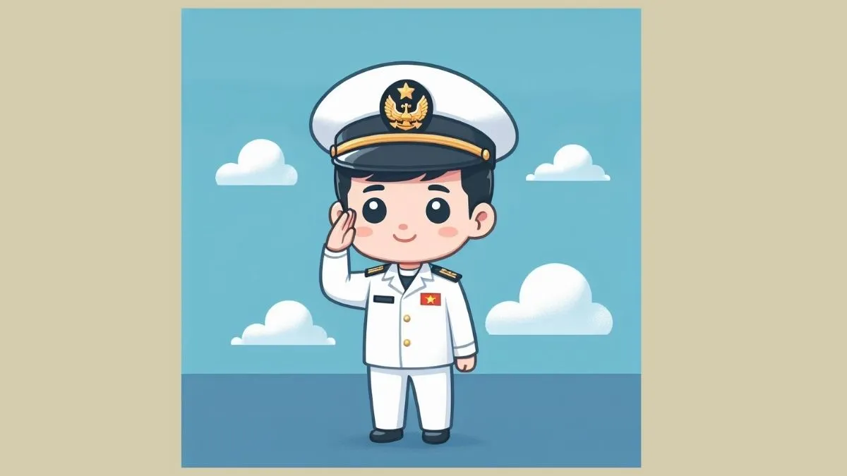 Tranh chibi bộ đội hải quân với bối cảnh biển xanh