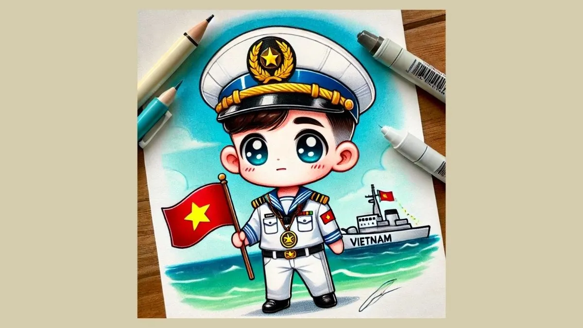 Tranh chibi bộ đội hải quân với lá cờ Tổ quốc