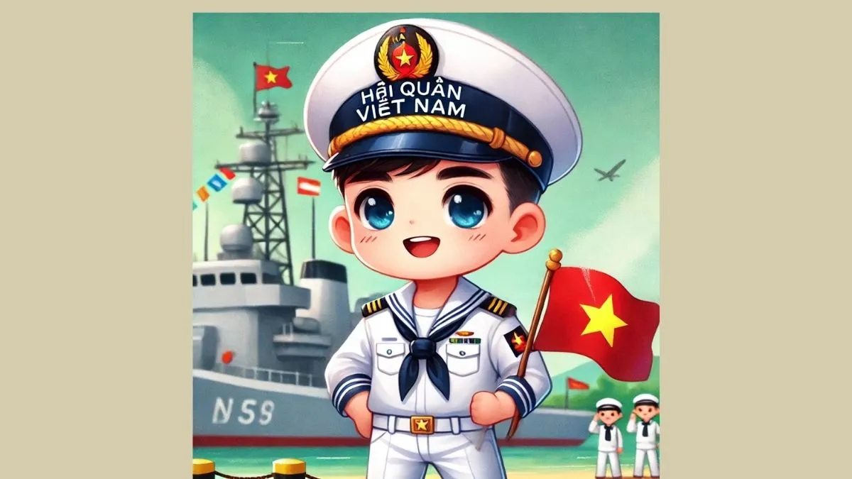 Tranh chibi chú bộ đội cầm cờ Tổ quốc tung bay