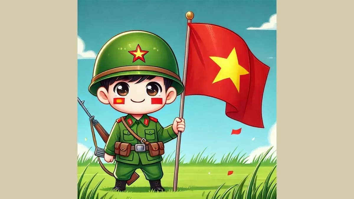 Vẽ chibi bộ đội và lá cờ đỏ sao vàng