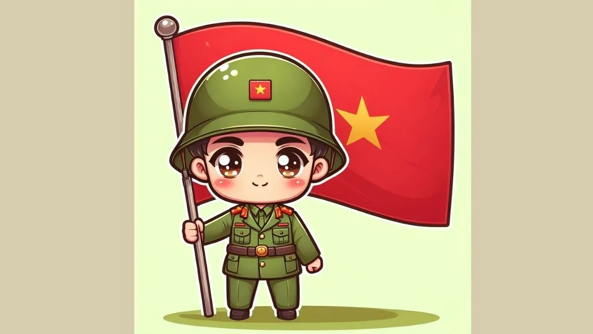 Tranh chibi bộ đội cầm cờ trong tư thế trang nghiêm