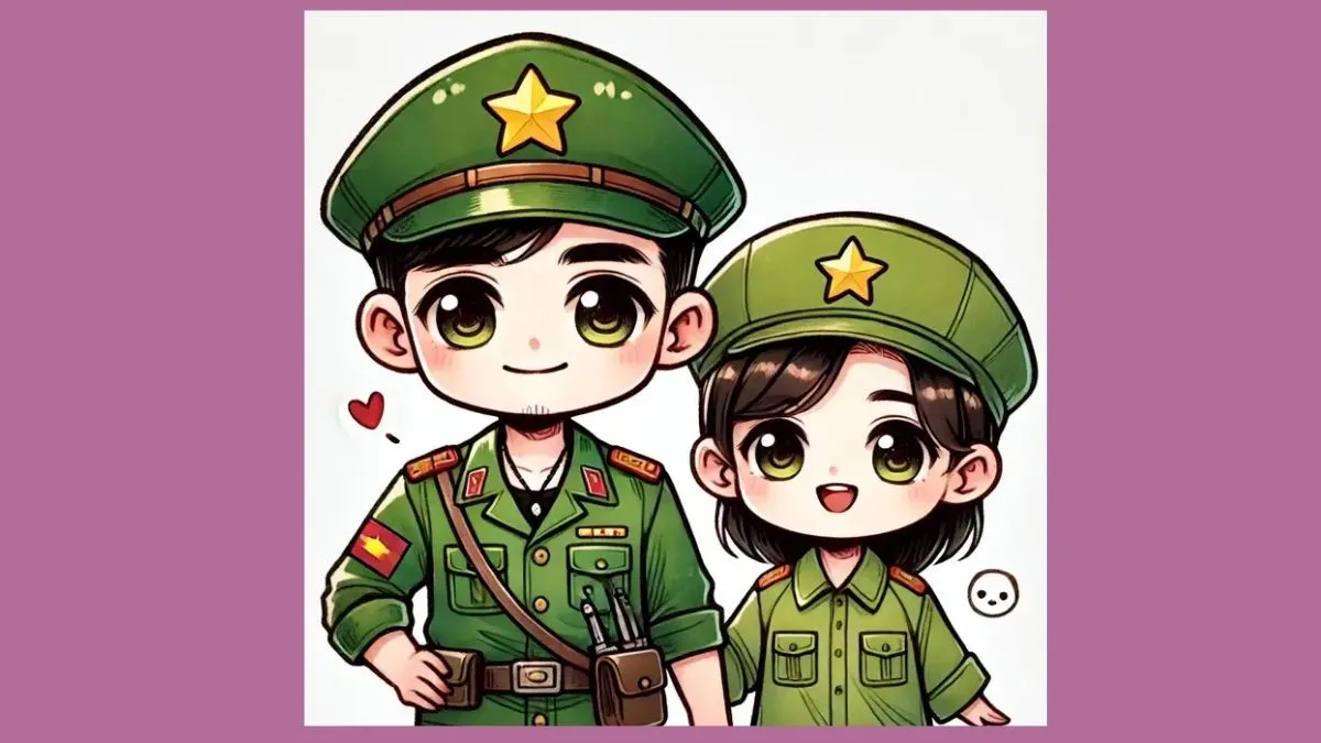 Hình vẽ chibi chú bộ đội và người thân tượng trưng cho hậu phương vững chắc