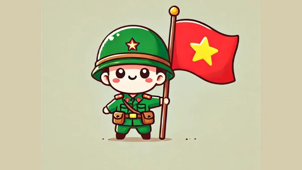 Vẽ chibi bộ đội cầm cờ với nụ cười tươi