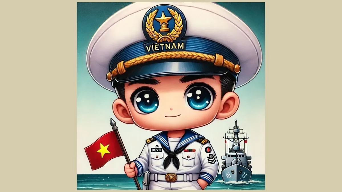 Chibi chú bộ đội cầm cờ thể hiện sự lạc quan