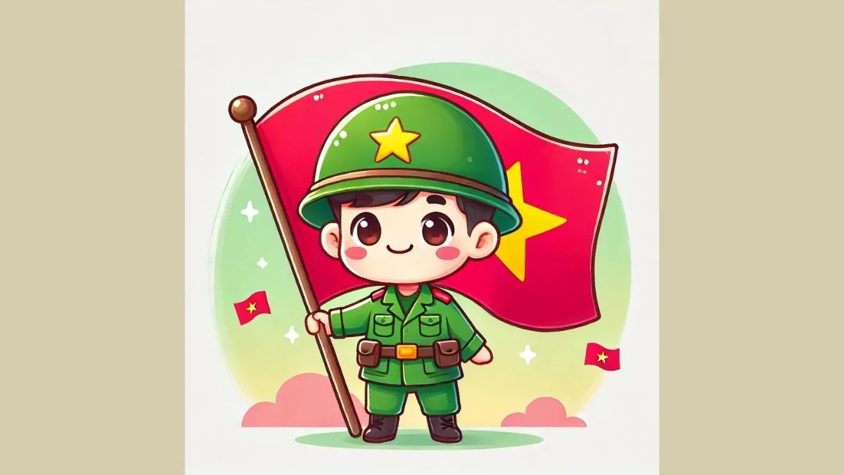 Tranh chibi bộ đội cầm cờ dưới ánh nắng