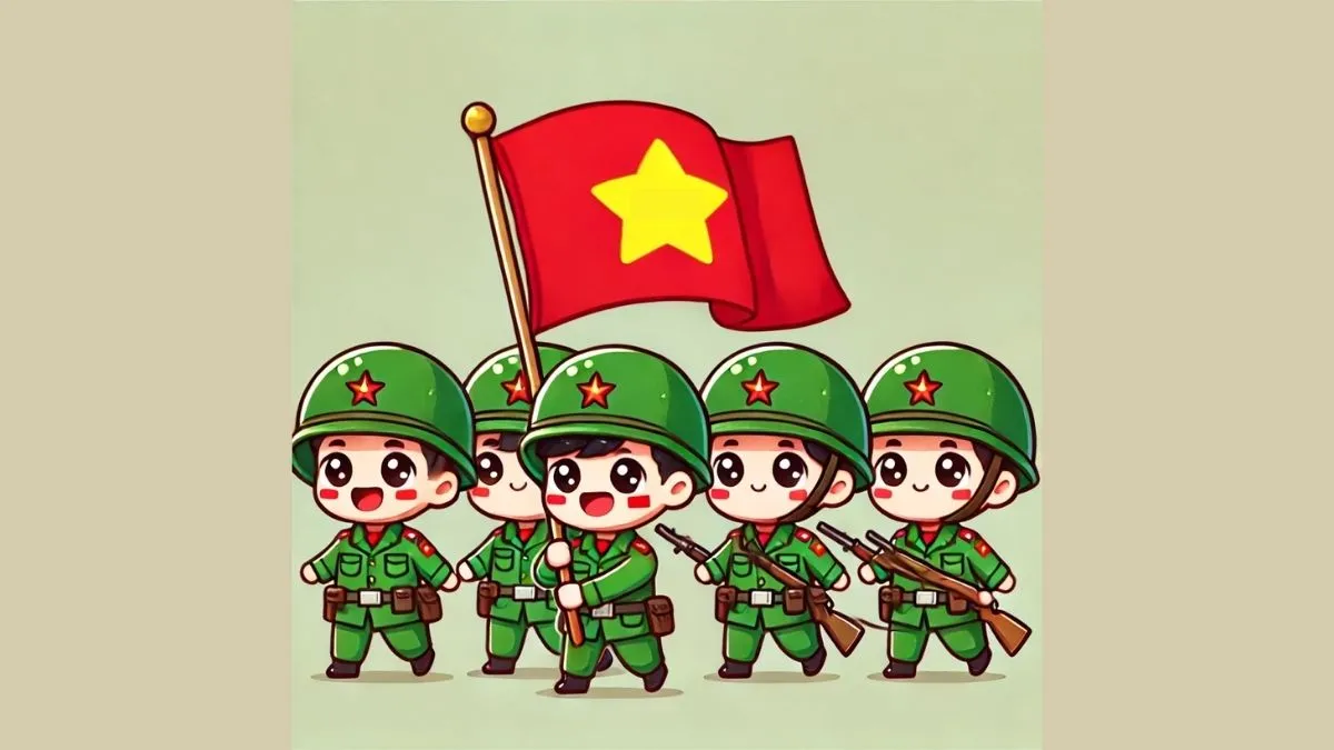 Tranh chibi chú bộ đội duyệt binh