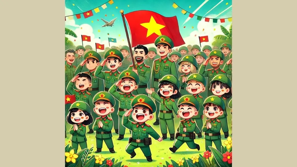 Chibi chú bộ đội dưới lá cờ phấp phới