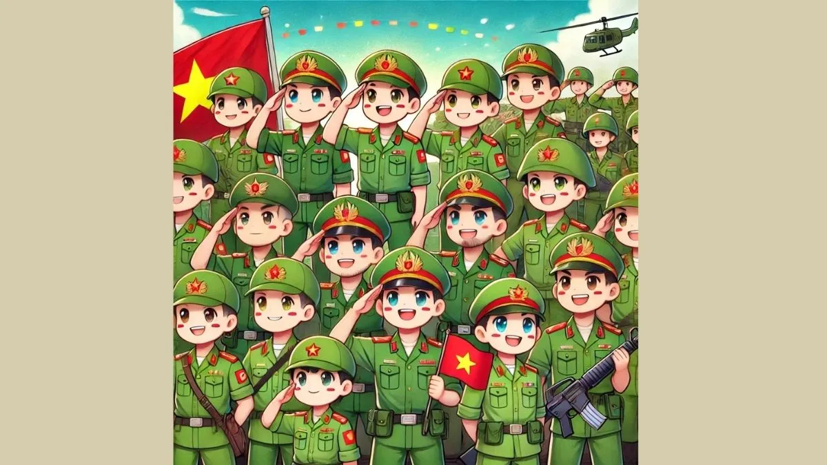 Tranh chibi bộ đội đang thực hiện nghi thức chào cờ