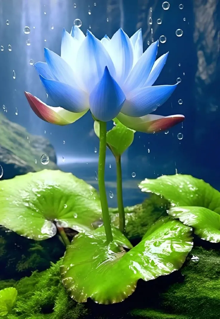 Hình ảnh hoa sen màu xanh với cánh hoa mở