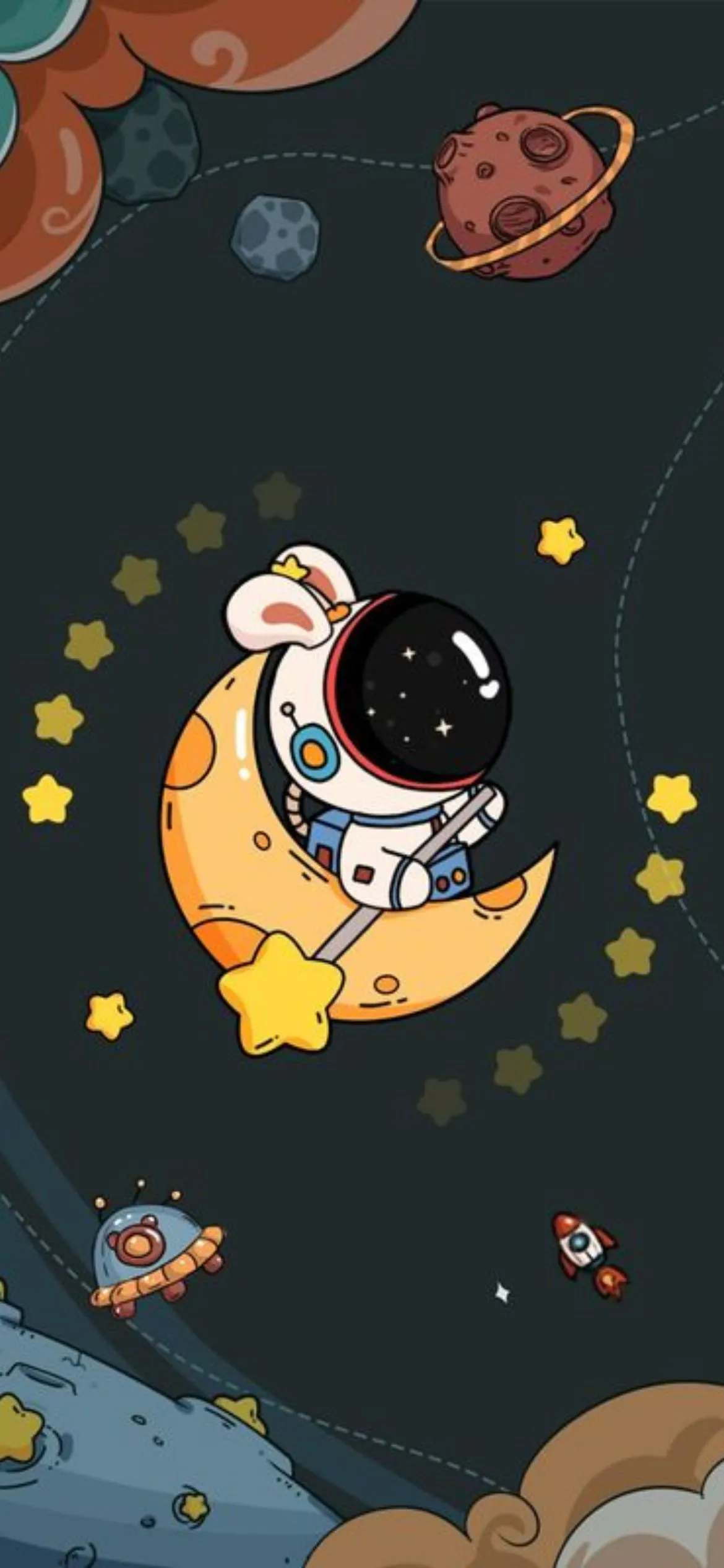 Phi hành gia hoạt hình cute đang vẽ tranh giữa không gian, đầy sáng tạo