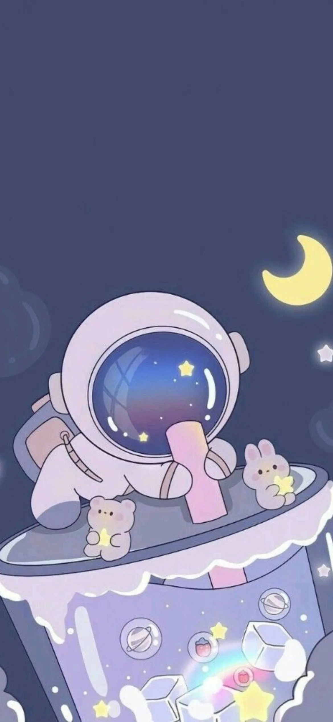 Phi hành gia hoạt hình chibi dễ thương đang vẫy tay chào từ ngoài vũ trụ