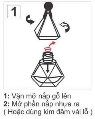 Hướng dẫn sử dụng tinh dầu treo tủ bước 1: Mở nắp gỗ và tháo nút chặn trắng