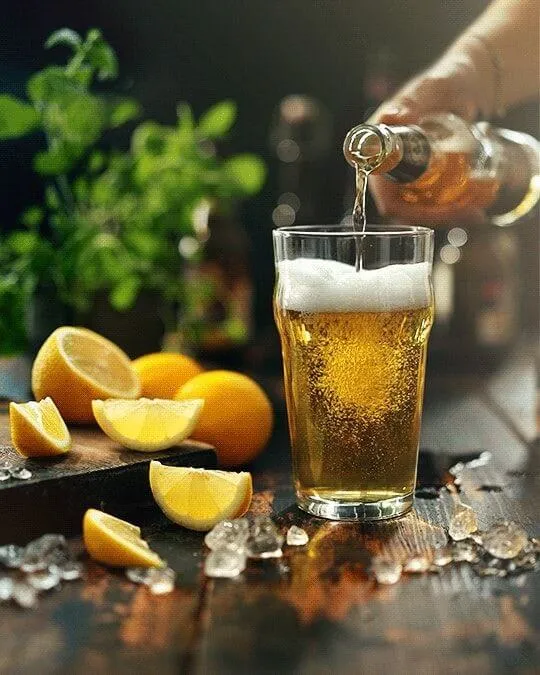 Cốc bia tươi kèm lát chanh và đá viên, một sự kết hợp hoàn hảo cho ngày nóng