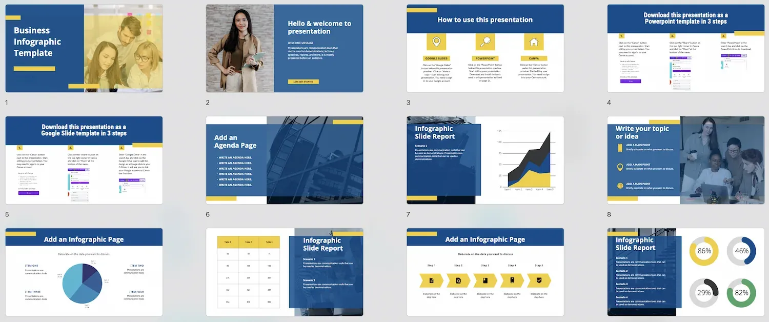 Mẫu PowerPoint minh họa doanh nghiệp với tông màu xanh lá và vàng, tạo cảm giác thân thiện, tươi mới, thích hợp cho các bài thuyết trình về môi trường, phát triển bền vững hoặc startup.