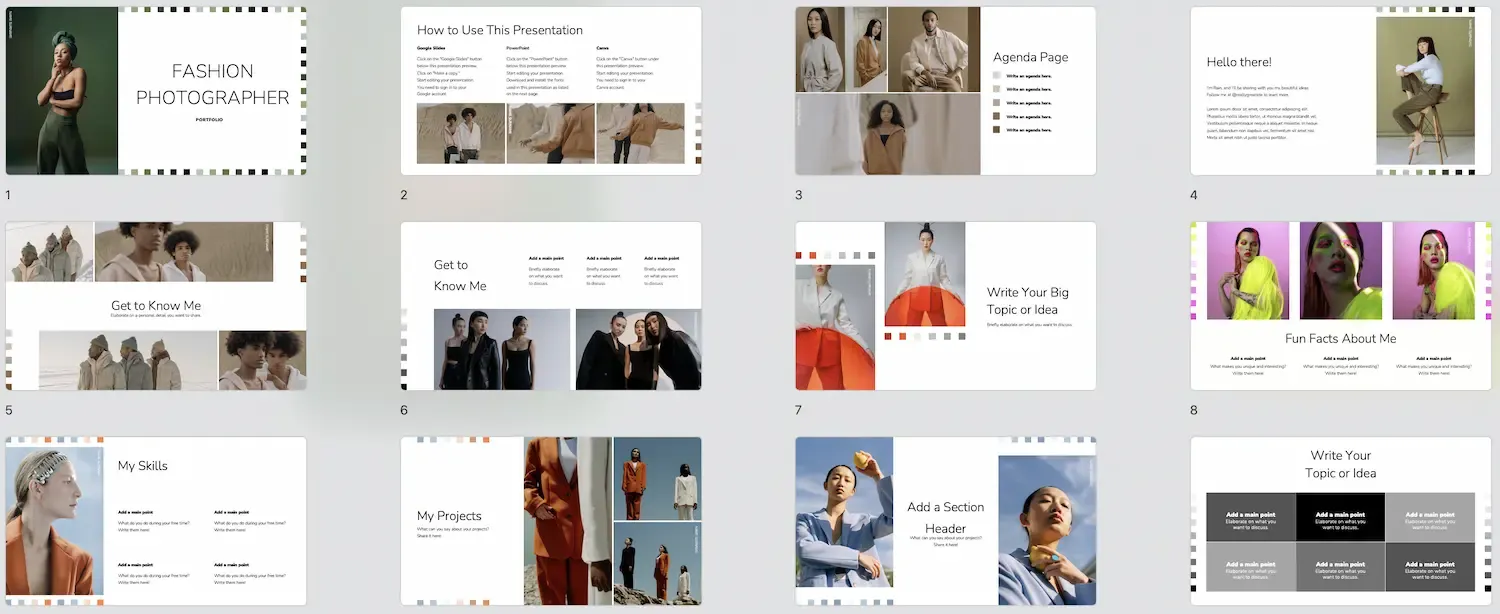 Mẫu PowerPoint với chủ đề thời trang, sử dụng nhiều không gian trắng và hình ảnh phá cách, tạo nên sự hiện đại, thanh lịch, phù hợp để giới thiệu bộ sưu tập, xu hướng.