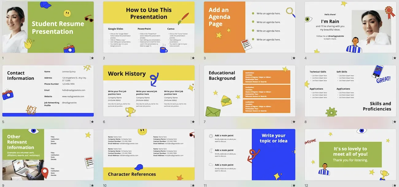 Mẫu PowerPoint với chủ đề sinh viên vui nhộn, sử dụng hình ảnh minh họa và màu sắc tươi sáng, thích hợp cho các bài thuyết trình nhóm học sinh, sinh viên.