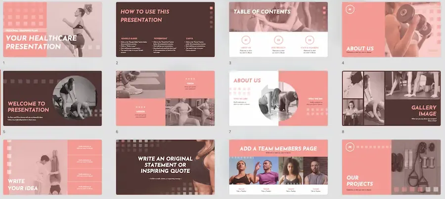 Mẫu PowerPoint với chủ đề Gym, thể hiện sự năng động và khỏe khoắn, phù hợp cho các buổi thuyết trình về thể dục, dinh dưỡng, lối sống lành mạnh.