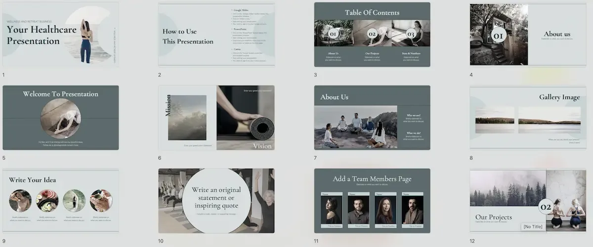 Mẫu PowerPoint với chủ đề sức khỏe thể chất và tinh thần, sử dụng hình ảnh và đồ họa để minh họa các khía cạnh của cuộc sống lành mạnh.