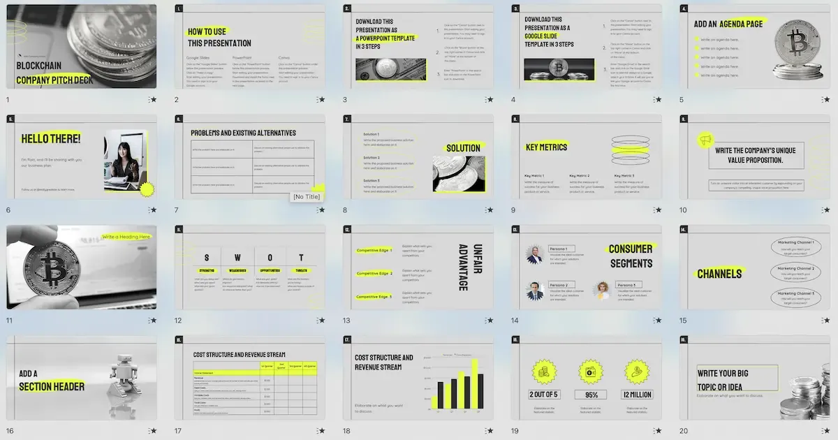 Mẫu PowerPoint với chủ đề Bitcoin và tiền điện tử, sử dụng đồ họa hiện đại để trình bày các khái niệm về tài chính số, blockchain.