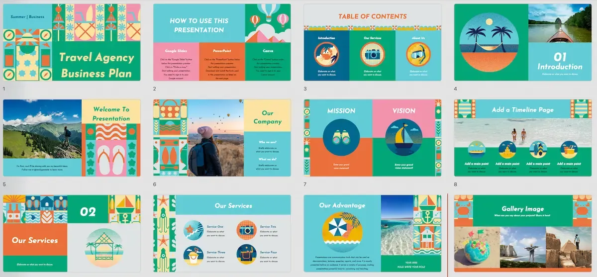 Mẫu PowerPoint với chủ đề kế hoạch du lịch hoặc kỳ nghỉ công ty, sử dụng hình ảnh và bố cục hấp dẫn để trình bày lịch trình, điểm đến.