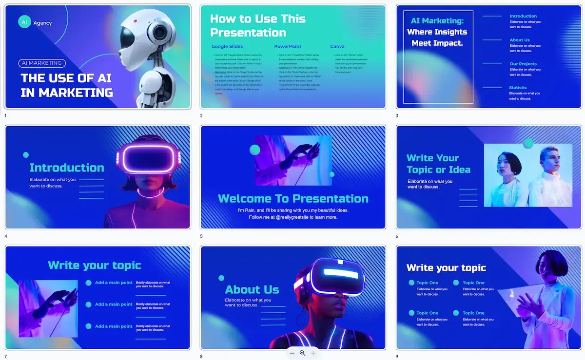 Mẫu PowerPoint với giao diện tối giản, thể hiện các yếu tố liên quan đến trí tuệ nhân tạo (AI), phù hợp cho các bài thuyết trình công nghệ.