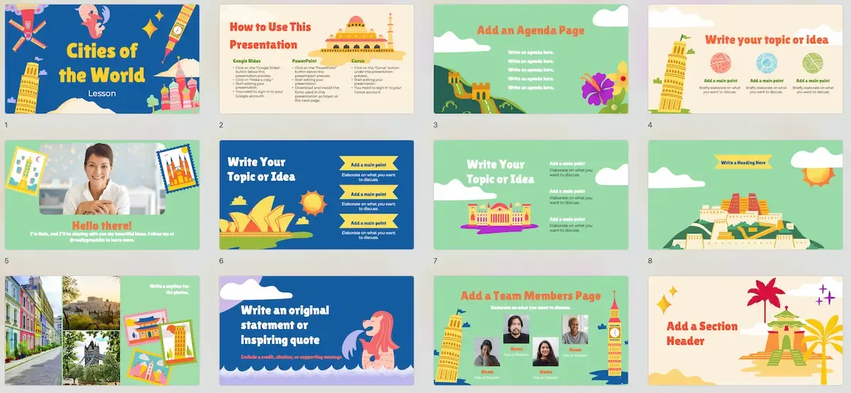 Mẫu PowerPoint với hình ảnh các thành phố nổi tiếng, mang tính giáo dục, thích hợp cho các buổi thuyết trình về địa lý, văn hóa hoặc du lịch.